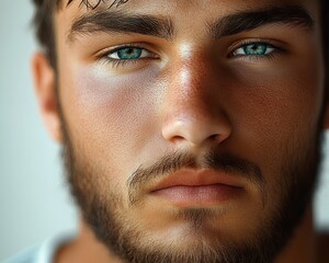 Obraz premium Close-up portrait of a young man with piercing blue eyes, thick eyebrows, and a short beard showing a serious and contemplative expression