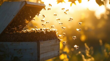 Bees flying around and settling on an open honeycomb wooden hive at golden hour with warm sunlight and blurred natural background