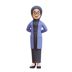 3D cartoon muslim female teacher character Standing Hands Behind Back