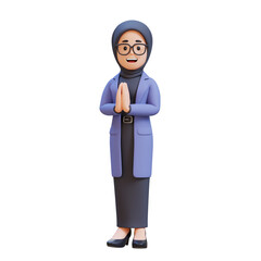 3D cartoon muslim female teacher character Welcome and Greeting Gesture