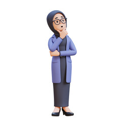 3D cartoon muslim female teacher character Thinking Hand on Chin