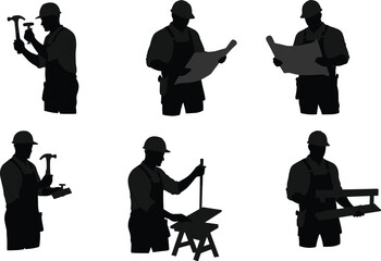 Construction worker silhouette with hammer, carpenter checking blueprint, handyman with tools, builder measuring wood, craftsman repairman, industrial job site, professional labor.