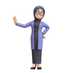 3D cartoon muslim female teacher character Give Refusal Stop Sign