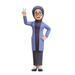 3D cartoon muslim female teacher character Give a Peace Hand Sign