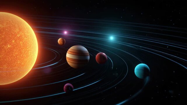 Solar system planets orbiting bright sun in space with glowing stars colorful planets and glowing orbits in dark cosmic background showing mysterious cosmic star orbit trails