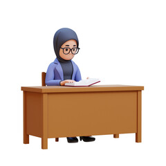 3D cartoon muslim female teacher character Sitting and Reading Book