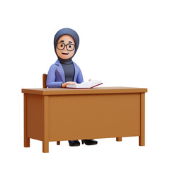 3D cartoon muslim female teacher character Sitting and Explain