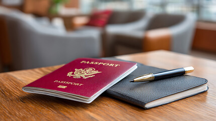 Passport and Notebook on a Wooden Table in a Cozy Lounge Area During Travel Preparation