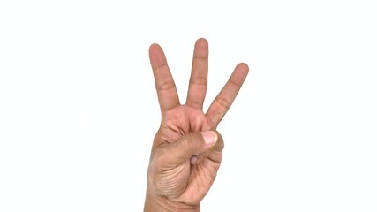 Naklejka premium Cropped shot of adult man hand showing three finger isolated with white background.