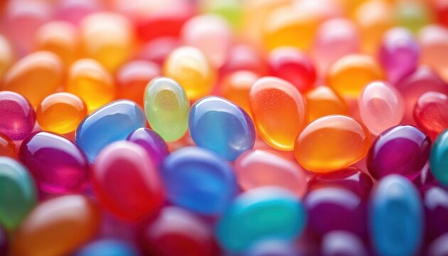 Close-up view of colorful translucent jelly beans with a shiny and smooth texture creating a vibrant and joyful atmosphere