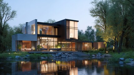 3d rendering of modern house by the river house, luxury, villa, modern, architecture, building, exterior, residential, property, designer