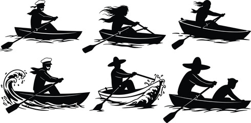 Silhouette of people rowing boats with oars, men and women paddling on water, fisherman, family, adventure, outdoor sport travel illustration