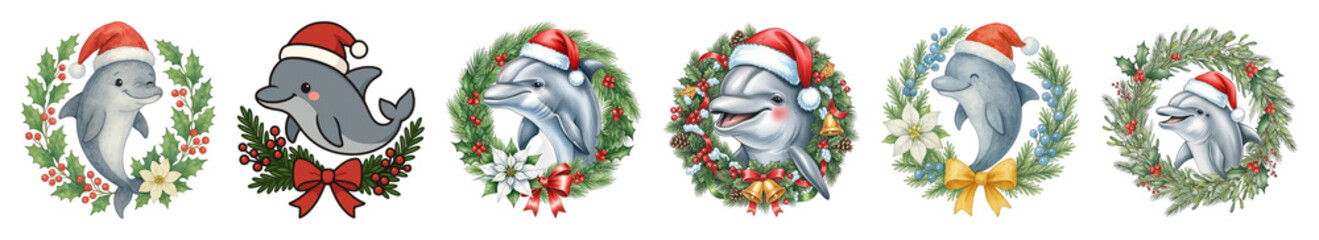 Christmas dolphin set including cartoon and realistic styles with festive wreaths isolated. Holiday designs and seasonal marine illustrations.