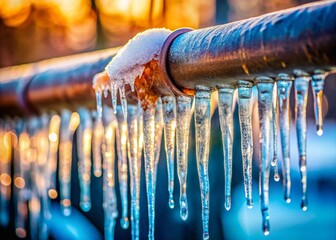 Icicles Hanging from Frozen Pipe - Winter Beauty Stock Photo