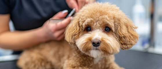 Cute Dog Getting Groomed by a Professional Handler in a Bright Grooming Salon During the Daytime