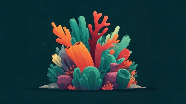 A vibrant and colorful illustration of a coral reef ecosystem against a dark background.
