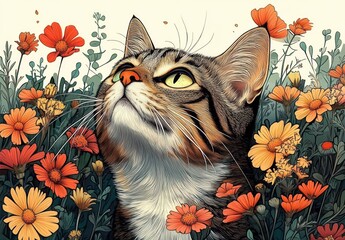 close-up of a striped cat with green eyes surrounded by vibrant orange and yellow flowers in a serene and natural setting
