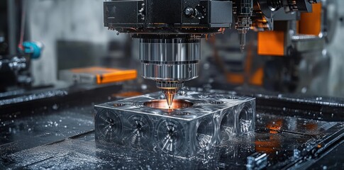 Close-up of precision CNC machine cutting and shaping a metallic block with fluid cooling in an industrial manufacturing environment