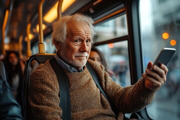 Elderly man with white hair and mustache wearing a brown sweater and suspenders looking thoughtfully while using a smartphone on a bus