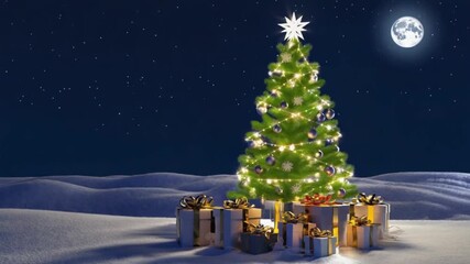 Illuminated christmas tree with gifts in a snowy landscape under a starry moonlit night sky christmas video - Powered by Adobe