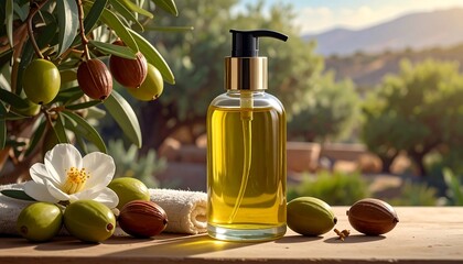 Natural argan oil bottle surrounded by nature elements