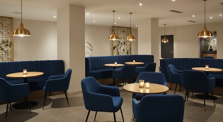 Elegant Lounge Interior with Blue Velvet Seating and Warm Golden Lighting.