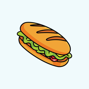 Cartoon Sandwich Vector Illustration of Baguette with Lettuce and Tomato