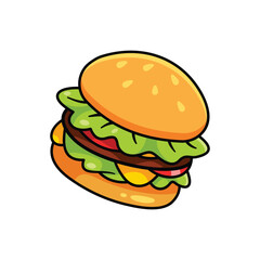 Cartoon Burger Vector Illustration with Cheese, Lettuce, and Tomato