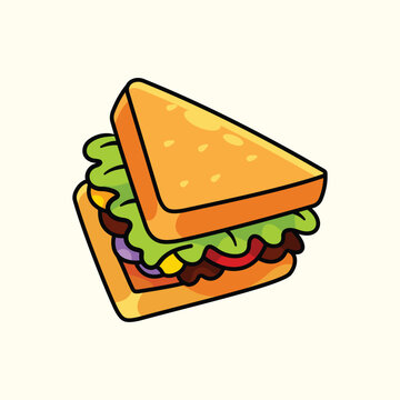 Cartoon Sandwich Vector Illustration of Baguette with Lettuce and Tomato