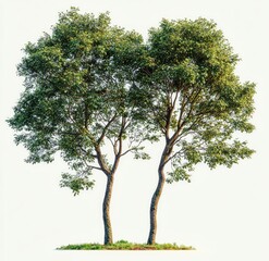 Fototapeta premium Two slender trees with dense green foliage growing closely together on a small grassy patch against a white background