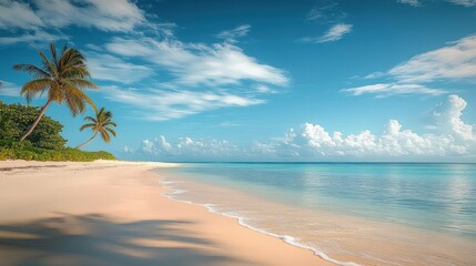 Calm tropical beach with soft sand, clear shallow turquoise water, scattered palm trees and lush greenery under a blue sky with white clouds