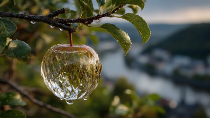 A big apple with dew drops, made of diamond hung on branch in a beautiful dawn, in the background beautiful valleys. glass transparent apple