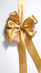 Gold ribbon tied around a light beige gift box