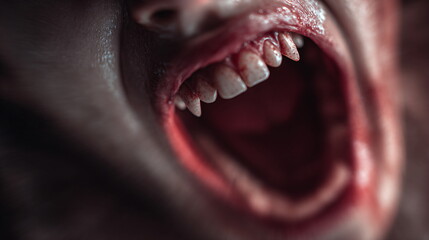 Obraz premium A close-up of a creepy scream with white teeth and red lipstick. A scary human character for horror films, Halloween, or detective stories.