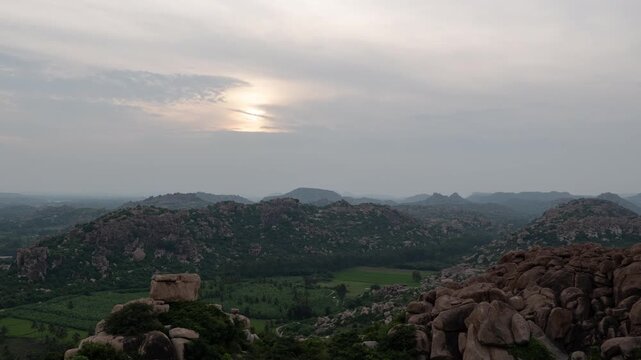 Sunset from Anjaneya Hill, Birth Place of Lord Hanuman in Hampi, India (Timelapse, ZOOM OUT)