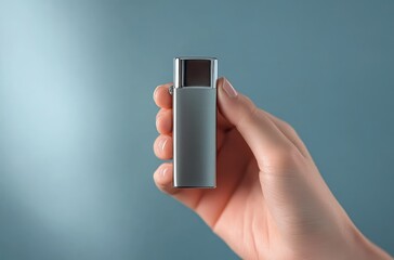 Close-up of a hand holding a sleek modern metallic lighter against a gradient blue background, highlighting smooth texture and minimalistic design