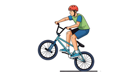 Naklejka premium Young person performing a wheelie on a bicycle with a white background