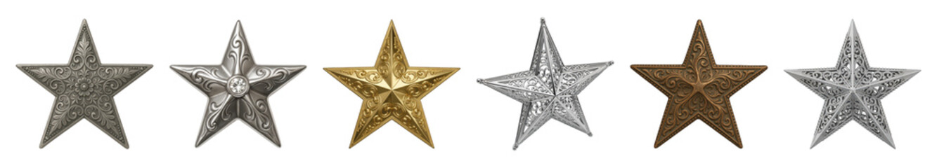 Obraz premium Ornate metallic star set including silver, gold, bronze, solid, filigree, and gemmed variants isolated. Decoration, awards, and design elements.