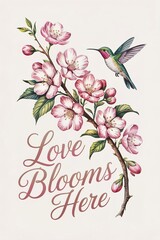 Hummingbird and Pink Blossoms Springtime Floral Art Print