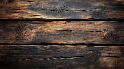 Fototapeta premium close-up of dark weathered wooden planks with natural grain texture and knots illuminated by warm light