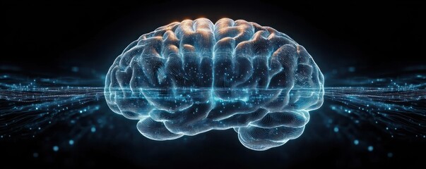 Digital glowing human brain hologram with connected data streams in dark futuristic environment, symbolizing technology and intelligence