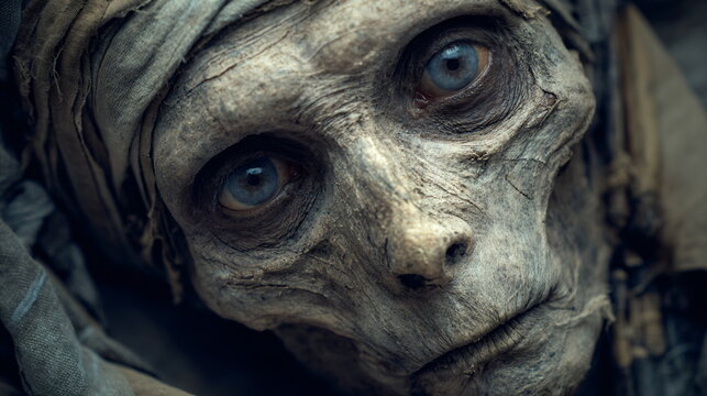 Close up of a mummy's face with glowing eyes, representing ancient curses and horror. Halloween costume and supernatural concept for spooky stories. - Powered by Adobe