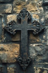 ornate weathered metal cross mounted on old stone wall with intricate scrollwork and rustic texture
