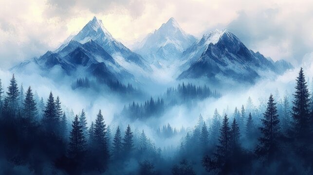 majestic snow-capped mountain peaks surrounded by dense pine forest and thick mist creating a serene and mysterious atmosphere - Powered by Adobe