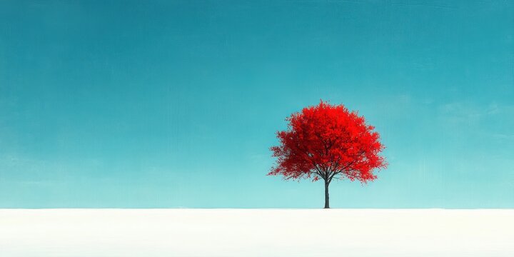 Single vibrant red tree standing alone in a vast snowy white field under clear bright blue sky creating a striking contrast and serene atmosphere - Powered by Adobe