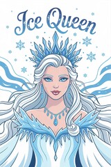 Ice Queen portrait with crystal crown, flowing hair, and snowfla