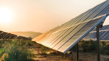 installation. Solar panels in a sunlit field, representing sustainable energy and environmental care. ESG reports, sustainability campaigns, designed for environmental awareness campaigns.