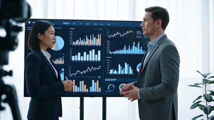 Diverse business professionals analyze financial data charts on a large screen display - Powered by Adobe