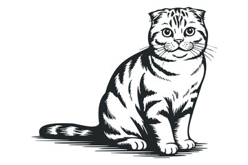 Scottish Fold Cat sitting, monochrome graphic on transparent. Vector hand drawn