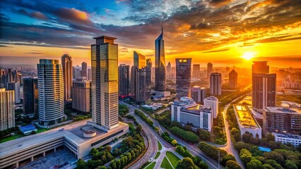 Sophisticated Drone Aerial View: Modern Cityscape Architecture at Sunset